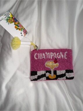 Pink Champagne Glass Beaded Zipper Pouch New with Tags
